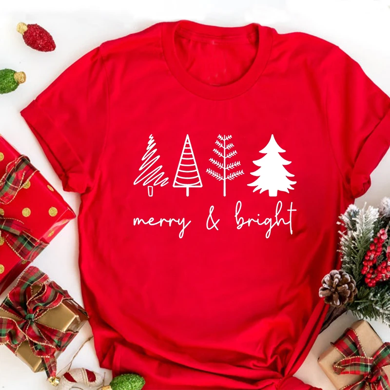 

Merry Bright Christmas Trees Tshirt Christmas Shirt Holiday Womens Holiday Kawaii Clothes Christmas Shirt Winter Clothing L