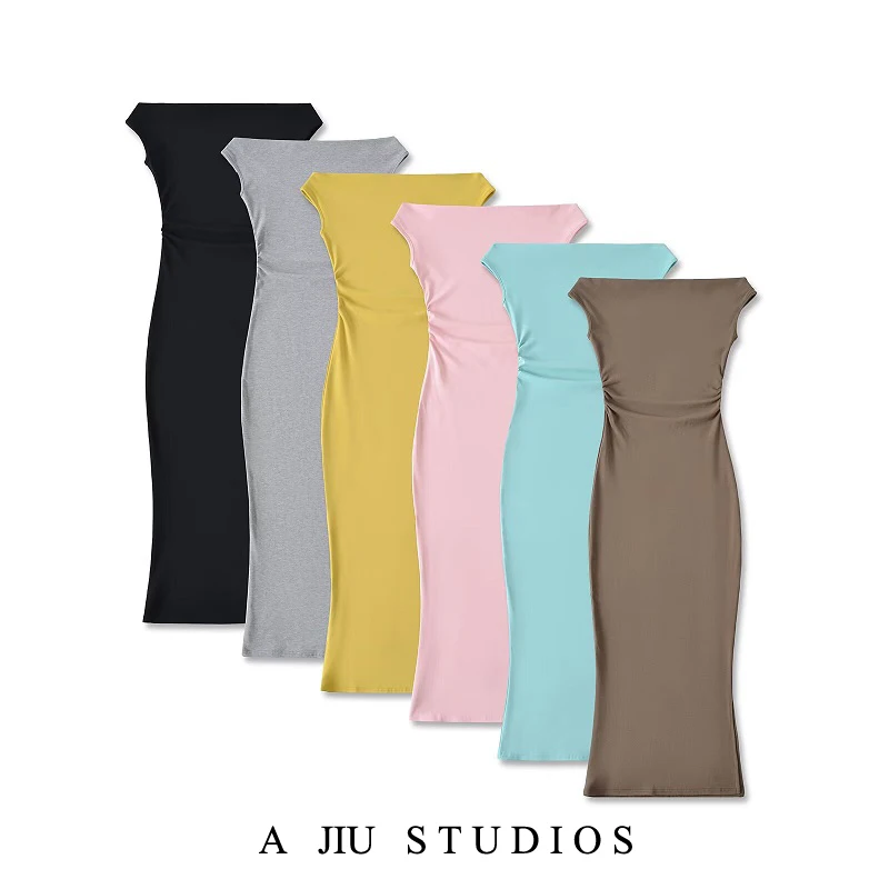 

Sexy One-oulder Slimming Dr Women's Summer Pleated Waist-Cinching Long Skirt Pure Color Casual Wear Spring Autumn
