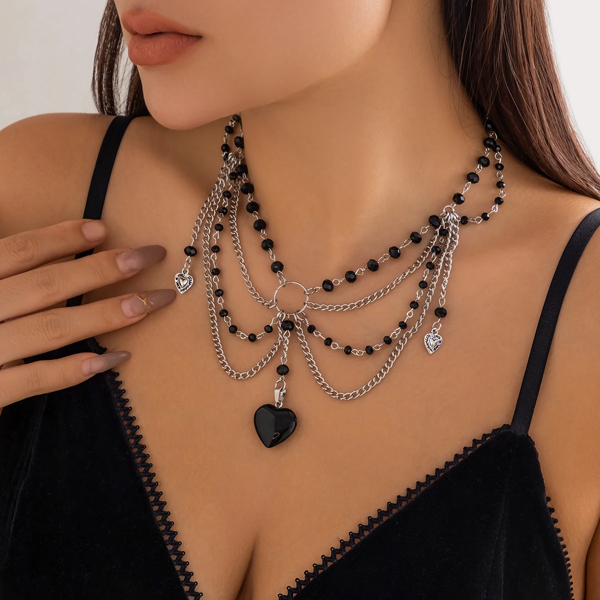 PuRui New Goth Crystal Beads Tassel Choker for Women Black Glass Heart Pendant Necklace Jewelry On The Neck Punk Girls Party