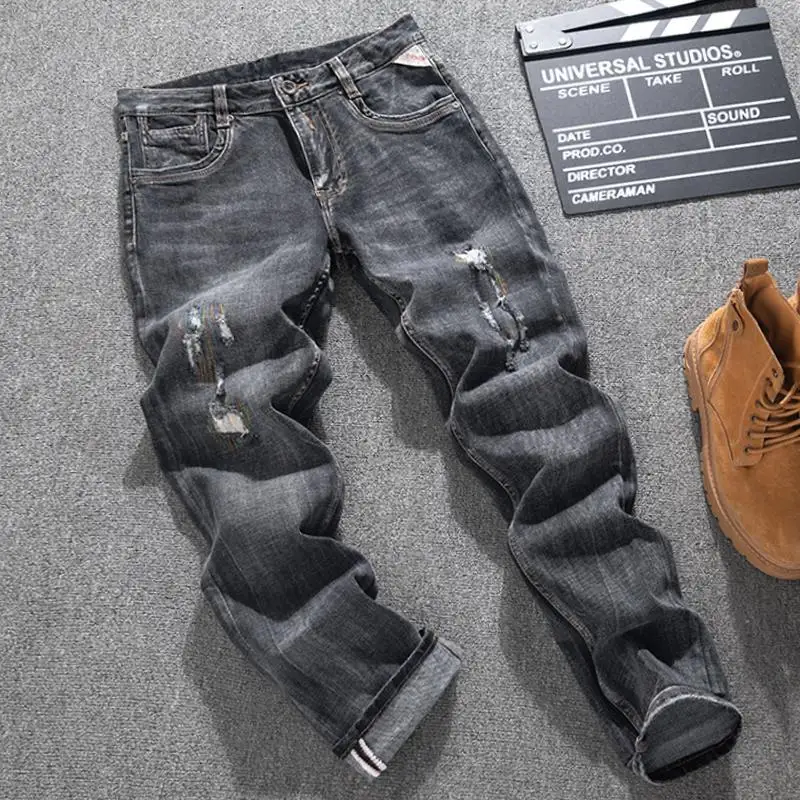 جينز عتيق لعام 2025 للرجال موضة الشارع بقصة ضيقة وأنبوب مستقيم سراويل جينز كلاسيكية متعثرة