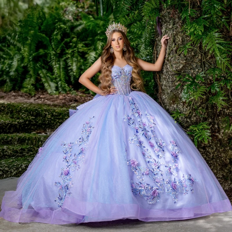 Lavanda quinceanera vestidos de baile fora do ombro lantejoulas apliques flor contas tull espartilho festa aniversário céu azul forro