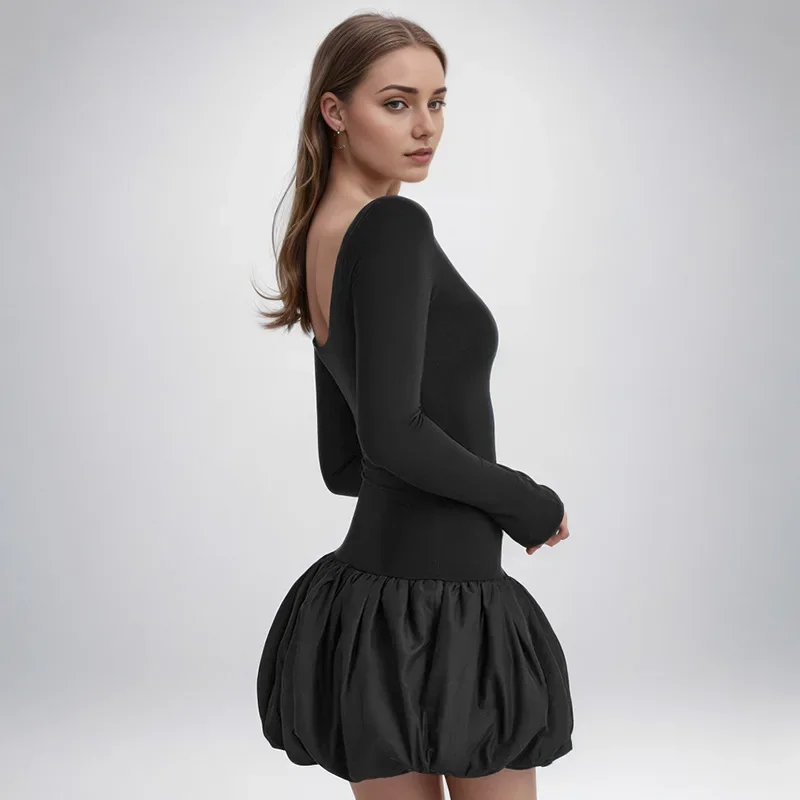 TARUXY Long Sleeve Slim Folds Mini Dress For Women Contrast Color Splice Fashion High Waist Party Club Dress Female Elegant 2024