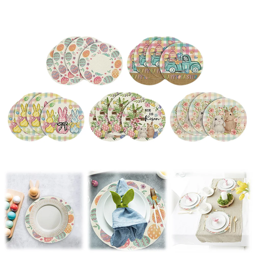 

4 PCS Easter Round Placemats Linen Spring Farmhouse Round Table Mats Spring Holiday Round Table Mats for Dining Decoration
