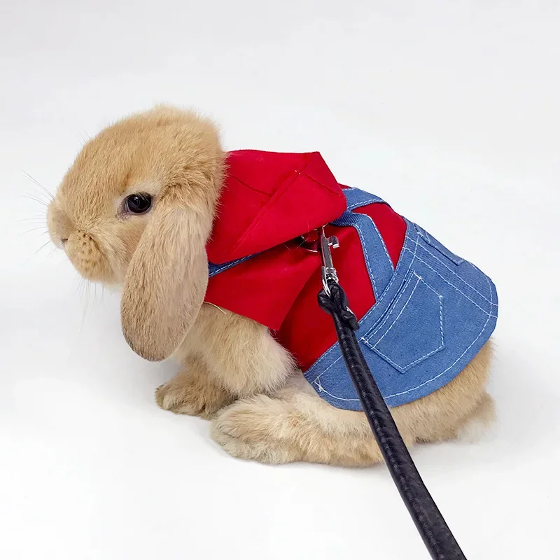 

Pet Rabbit Clothes Denim Jacket Coat Small Animal Harness Leash Vest Bag Hat Set for Ferret Bunny Hamster Small Pet Supplies