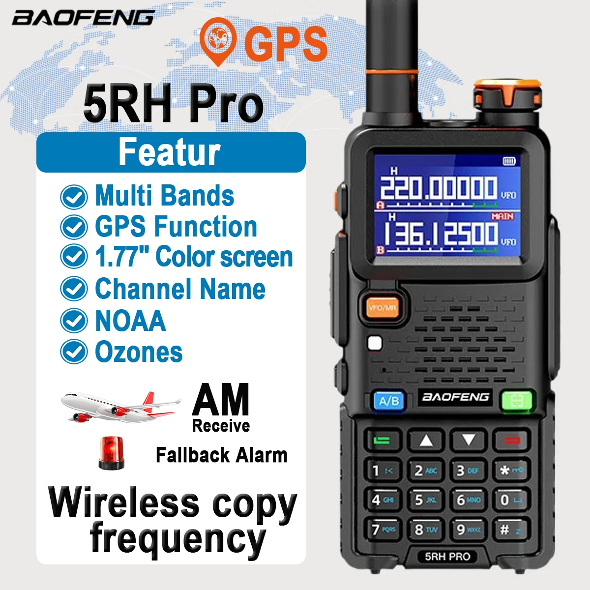 Baofeng UV5RH Pro Walki-Talkie Set GPS Multi Band AM FM Wirless Copy Frequency Screen Ham Two Way Update 5RH Communication Radio