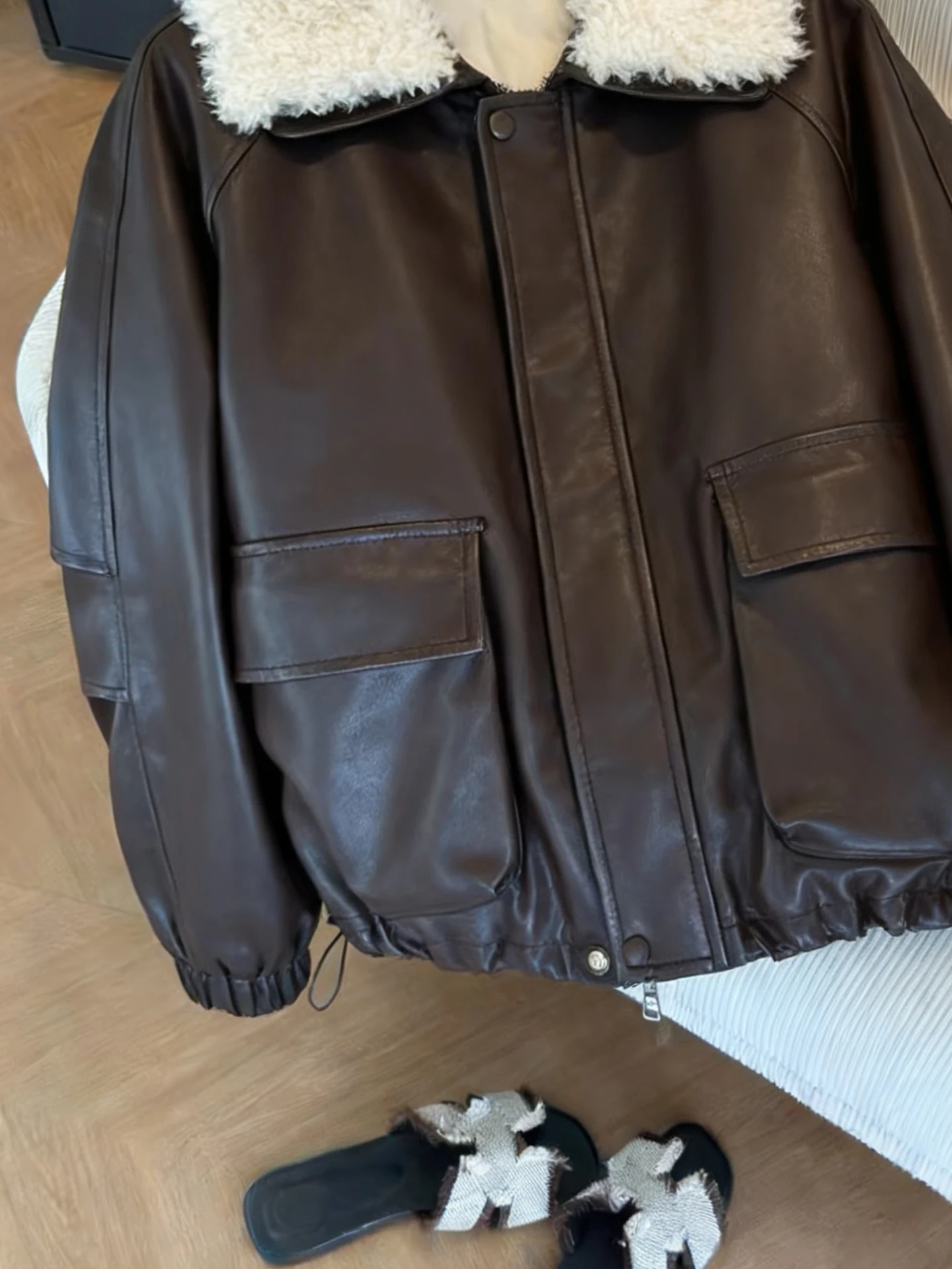 Legal retro sle bombardeiro jaet feminino contraste cor colarinho casaco de couro calor longo sve fechamento com zíper streetwear