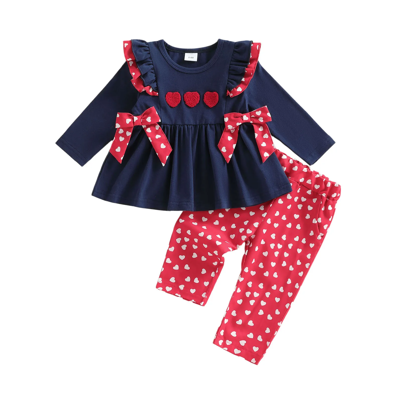 

Toddler Baby Girl Valentines Outfit Bows Love Heart Pattern Ruffled Trim Long Sleeve Tops and Pants 2 Pcs Set