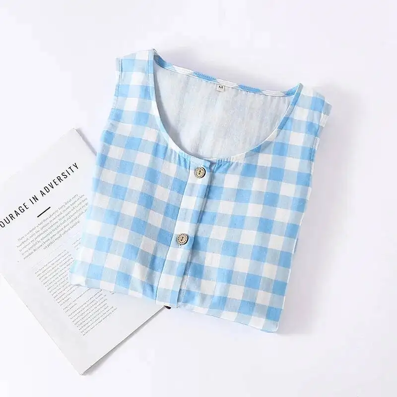 

Милая и милая ночная рубашка синего цвета в клетку, женская летняя хлопковая ночная рубашка без рукавов, тонкая ночная рубашка средней длины для женщин