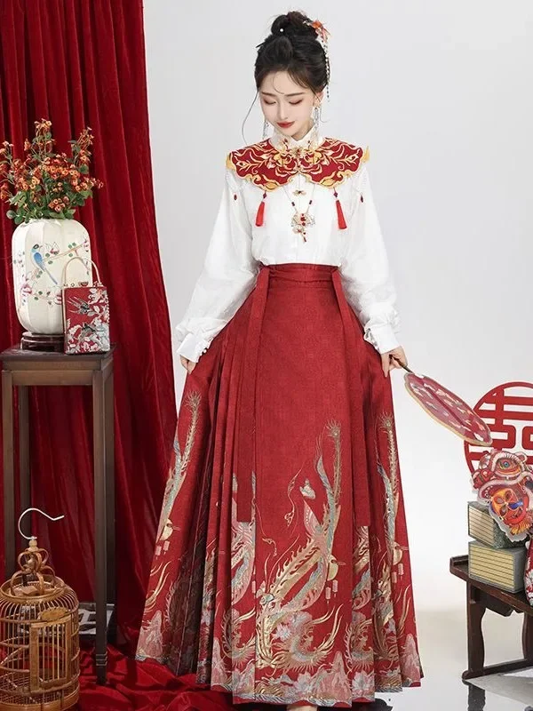 Vintage Hanfu Horse Face Skirt Red Women Chinese Traditional Wedding Toast Engagement Dress 2pcs Shirt Pleats Skirt Set Mamian