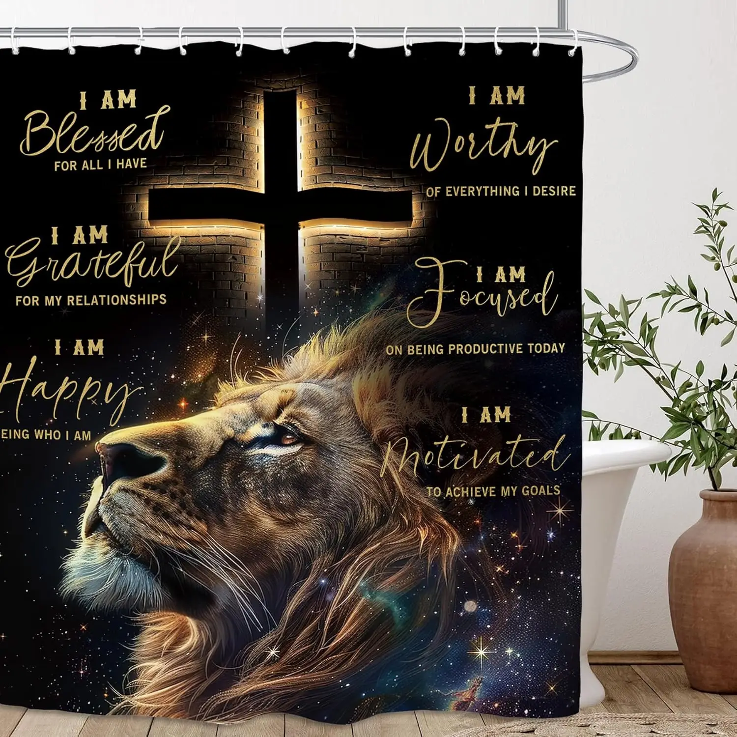 

Inspirational Shower Curtain Bath Curtain Motivational Affirmation Quotes Decor Lion Print Polyester Tropical Galaxy Bathroom Ho