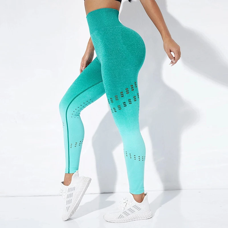 Fashion Gradient Mesh Leggings Hollow Sports Fitness Leggings High Waist Yoga Pants Push Up Gym Pants Women Workout Leggings