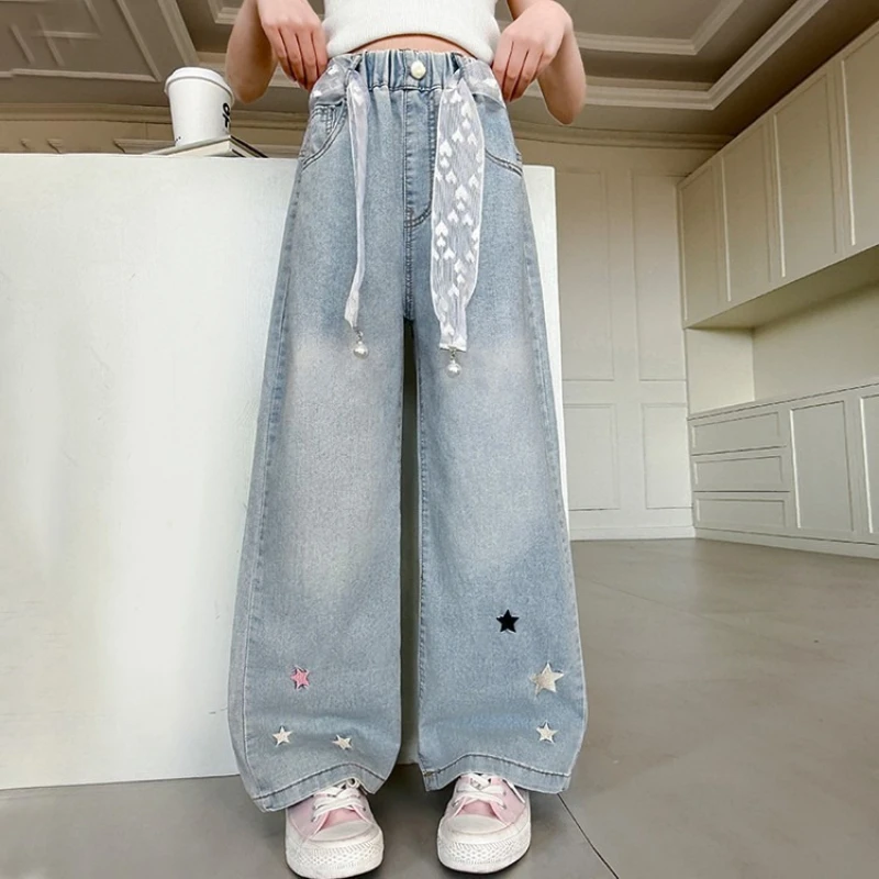 

2025 Summer New Style Girls' Denim Pants Thin Versatile Wide-leg Pants Girls' Summer Clothing Embroidered Pants