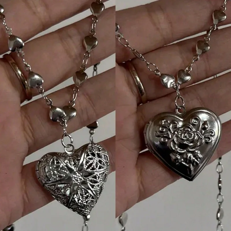 2 pieces of Y2K heart-shaped necklace set with hollow star embossed rose photo pendant and silver heart-shaped bead chain jewelr