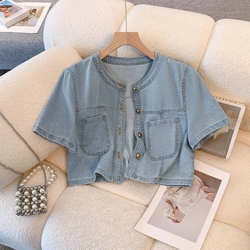 

Light blue short-sleeved denim jacket women's summer thin 2026 new little shawl with skirt jacket.