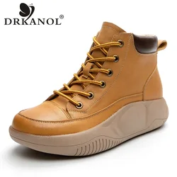 DRKANOL Fashion stivaletti con suola spessa per donna autunno inverno scarpe calde piattaforma con lacci in vera pelle stivali corti Casual