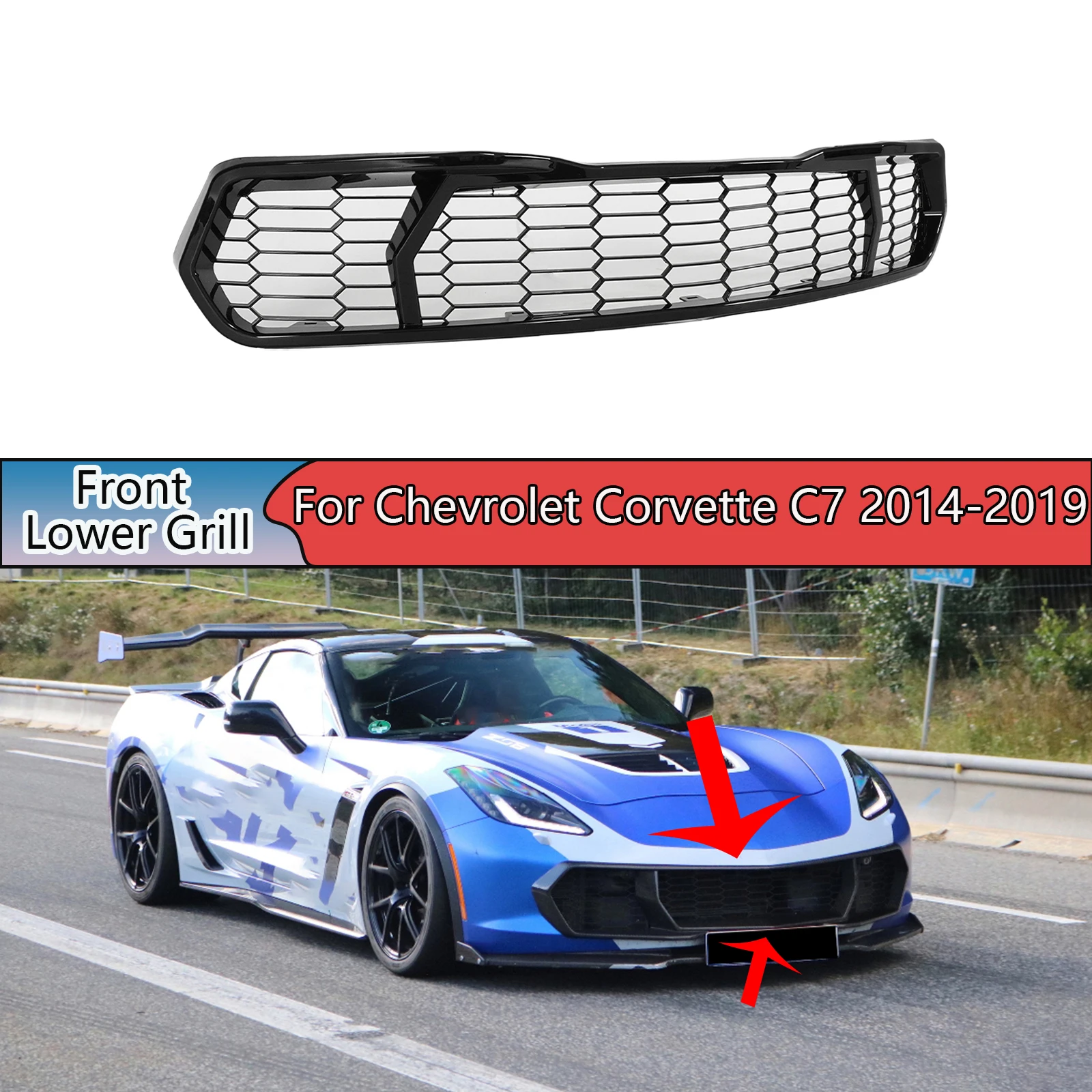 Front Upper Bumper Mesh Grille For Chevrolet Corvette C7 2014-2019 Replacement Glossy Black Car Accessories Carbon Fiber Painted