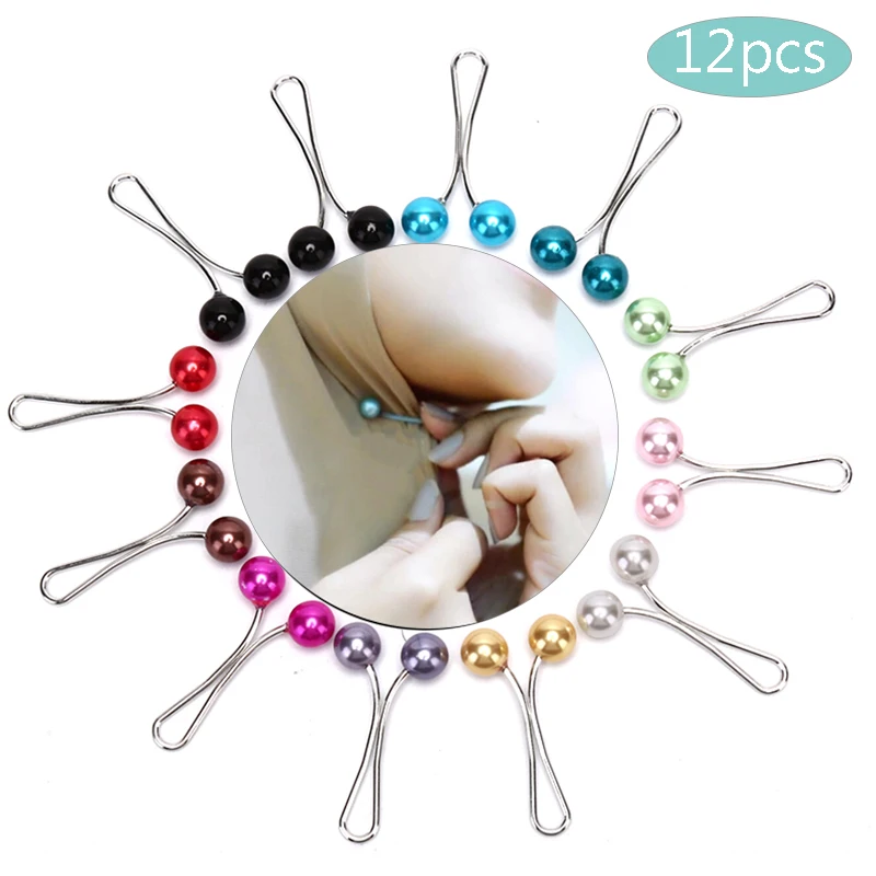 12pcs/lot Pearl Brooch Pins Pin Clothes Accessories DIY Drop Pearls Muslim Women Shawl Scarf Lady Scarves Clips