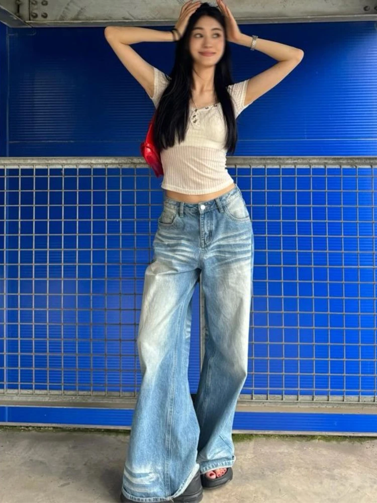 

Retro American Straight-leg Long Pants Women Korean High Waisted Slim Wide Leg Floor Pants Baggy Jeans Streetwear Versatile 2025