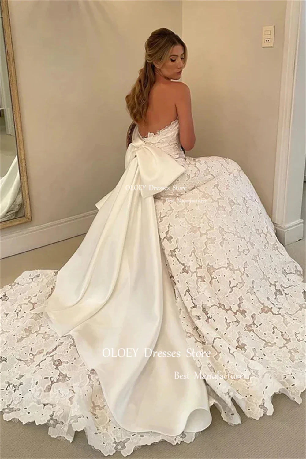 OLOEY Exquisite Lace Strapless Wedding Dresses Bow Back A-Line Floor Length Bridal Gowns Ivory Vestido De Noiva Custom Made