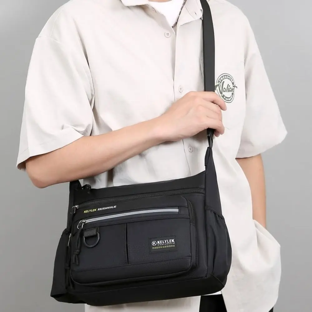 Large Capacity Men Shoulder Bag Side Pocket with Reflective Stripe Business Messenger Bag Lightweight Oxford Cloth