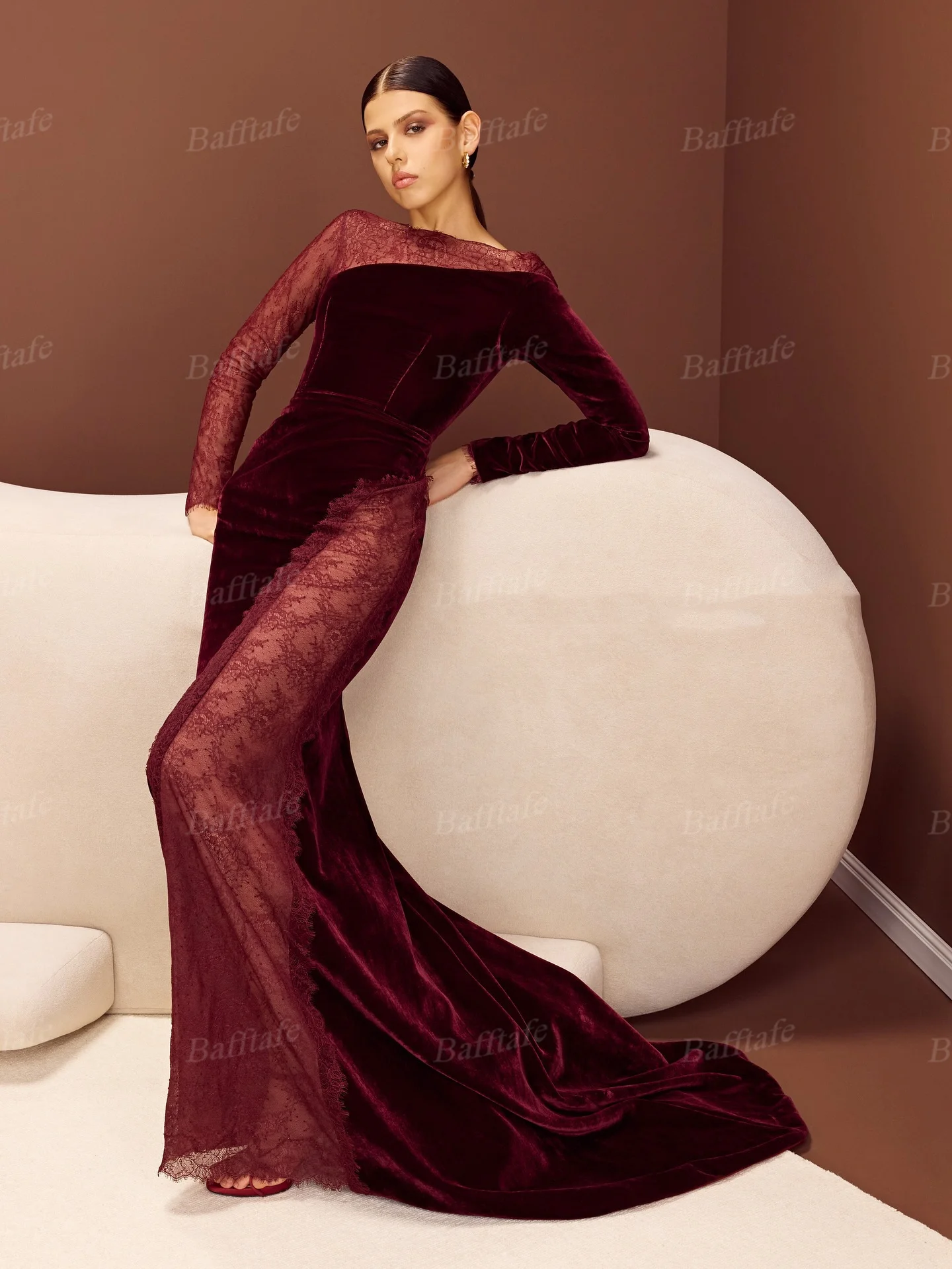 Bafftafe Burgundy Customized Mermaid Evening Gowns Velvet Lace Women Prom Dresses Long Sleeves Formal Party Birthday Dress 2026 image 3