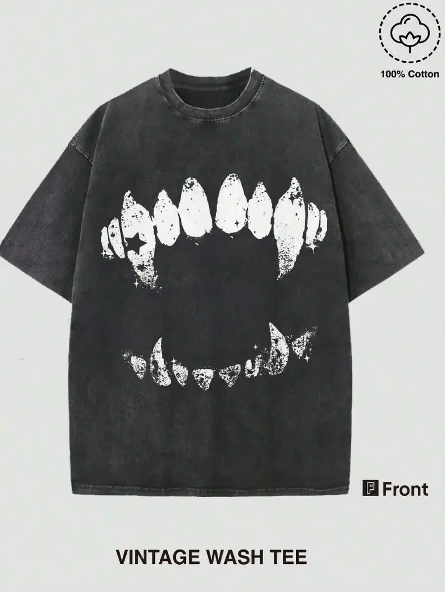 2026 New Funny Graphic Tee Short Sleeve T-Shirt Vintage Wash Tee Black Teeth Graphic Print Casual Daily Wear Y2K Street Wear Unique Short Basic Top T-Shirt