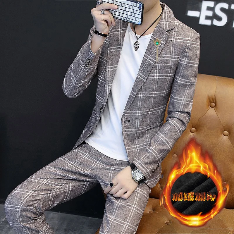 

Мужской клетчатый костюмный комплект из утолщенного флиса, приталенный, осенне-зимний, деловой повседневный, в корейском стиле, формальная одежда, в стиле панк