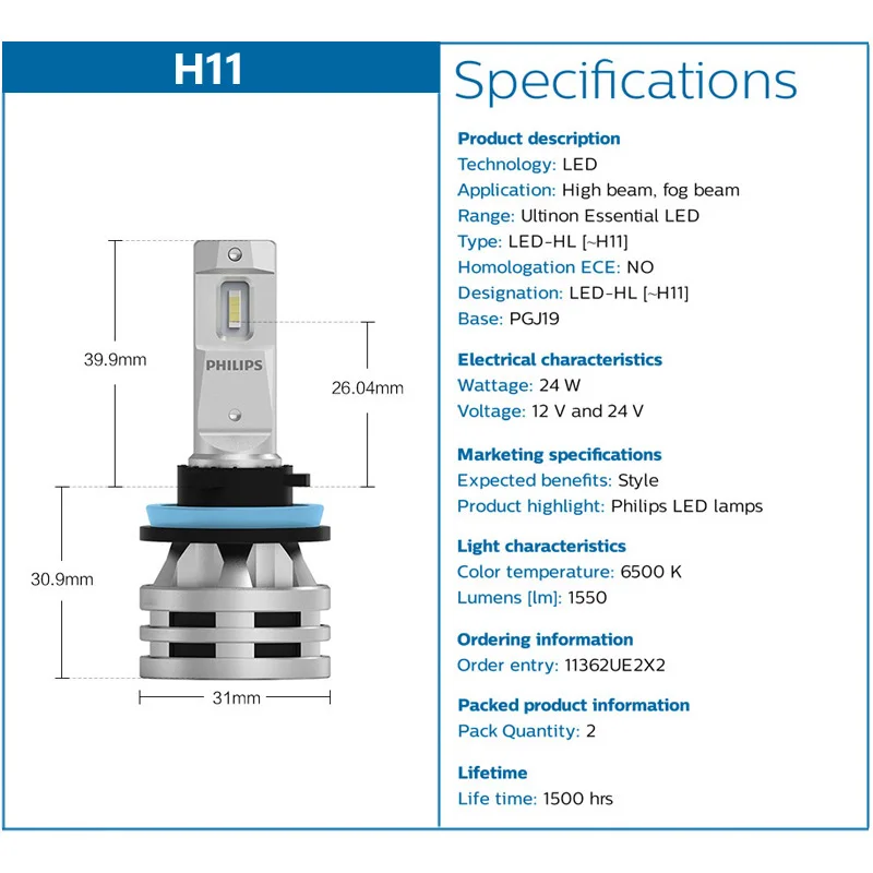 2X Philips Ultinon Essential G2 LED H11 12/24V 24W PGJ19 High Low Beam Fog Lamp Original Bulb 6500K Ultra White Light 11362UE2X2