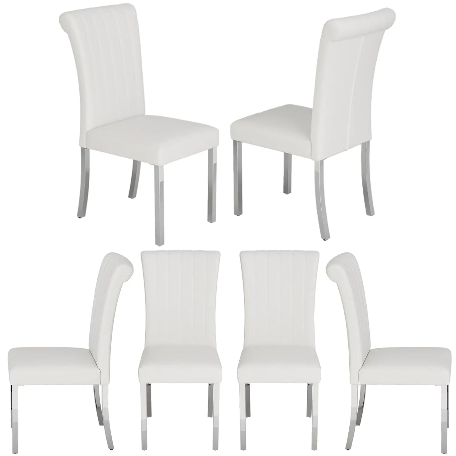 White Leather Dining Chairs Set of 6 with Silver Stainless Steel Legs for Kitchen Room, Customized
