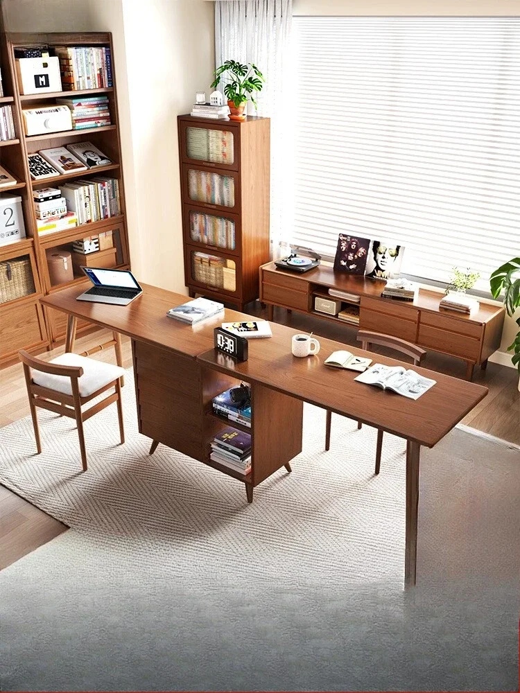 Solid wood double desk bookcase combination study table bedroom workbench simple computer desk long desk