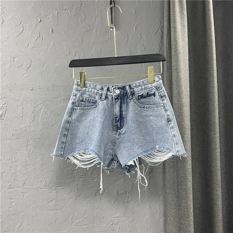 Fashion Women Denim Shorts Zebra-Stripe Pocket Ripped Hole Hot Pants Summer Raw Edge A-Line Casual Jean Shorts