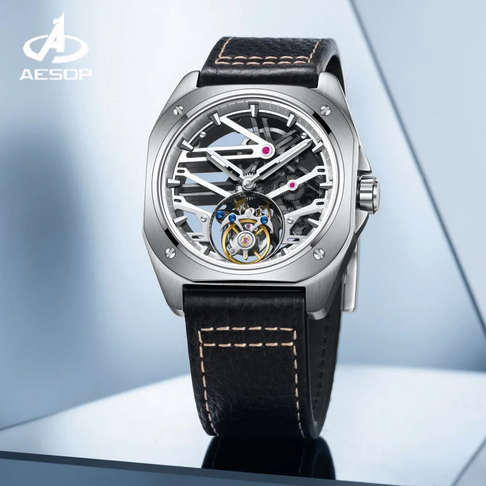 AESOP Luxury Tourbillon Watch For Men Mechanical Fashion Watches Waterproof Skeleton Tourbillon Movement Sapphire Square Case