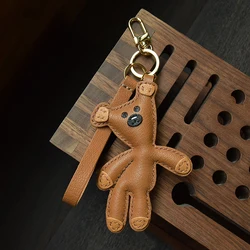 Handmade Mr.Bean Teddy Keychain Genuine Leather Bear Bag Charm Cute Teddy Bear Key Ring Key Holder with Gift Box