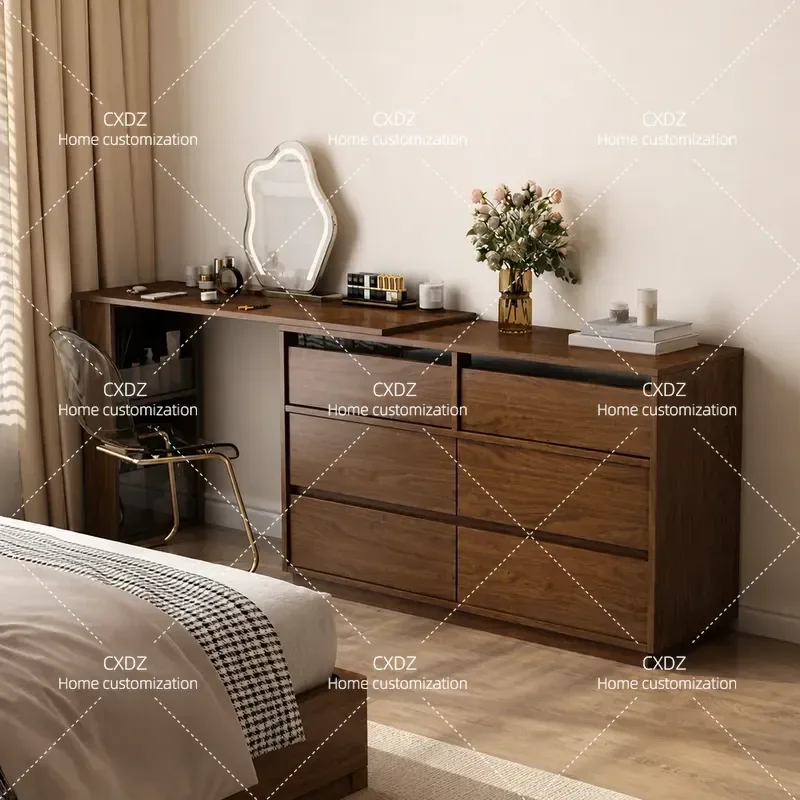 Antique Solid Wood Dresser with Integrated Telescopic Makeup Table Retro Style Bedroom Chest of Drawers Desk Combo 2025 New