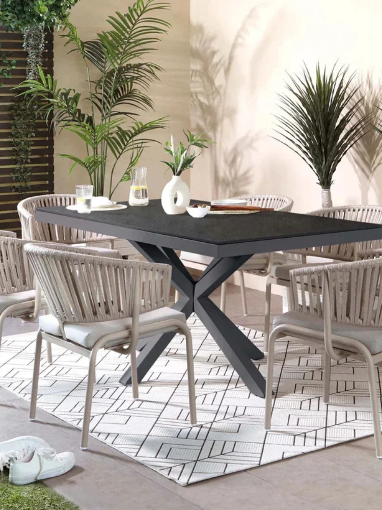 Outdoor Rust-Proof Aluminum Wide Rattan Dining Chair Stone Plate Long Table Sunscreen Waterproof Light  Dining Table and Chair