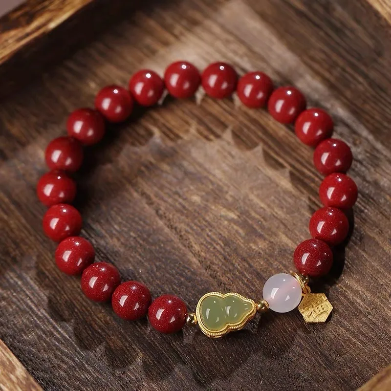 

Red Cinnabar Bead Bracelet Natural Jade Gourd Bangle Real Gemstone Carved Lucky Amulet Fashion Charm Gifts for Women Girl