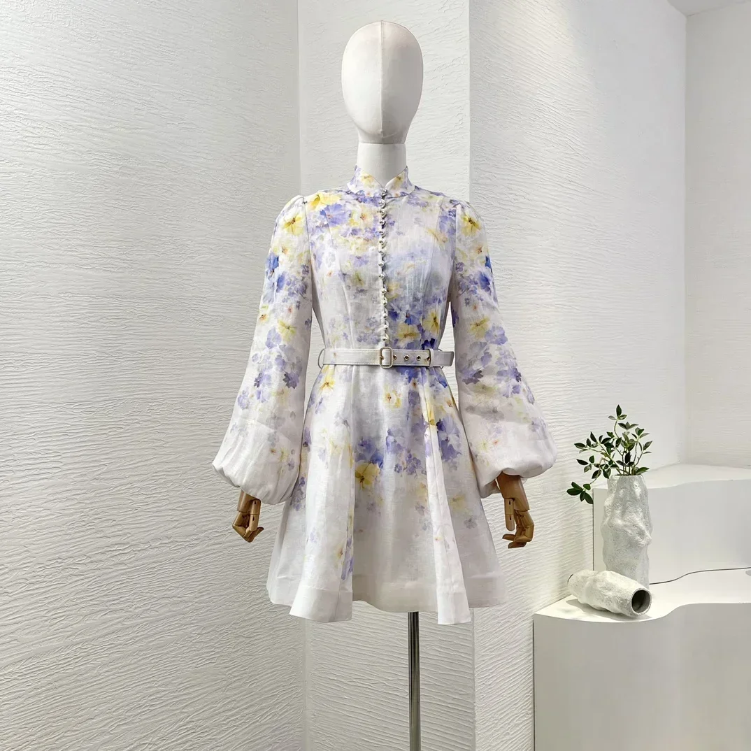 New Light Purple Violet Yellow Floral Print Pure Linen Long Sleeve Women Vintage High Quality White Mini Dress