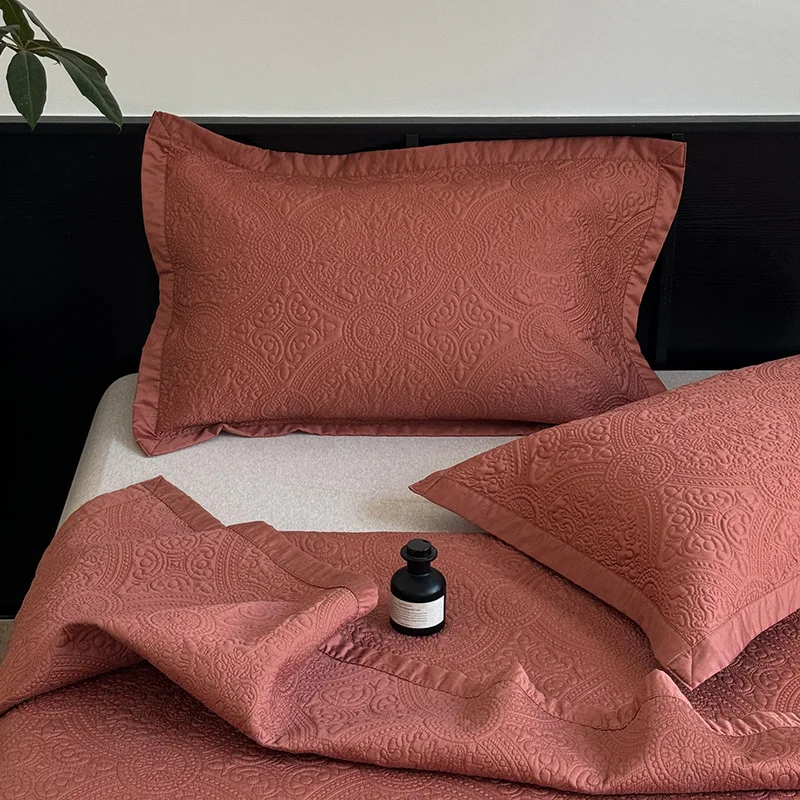 Luxury 100s Cotton Sandwashed Quilt Set Queen Size - All-Season Silky Soft Bedspread with Pillowcase, Solid Color Blanket