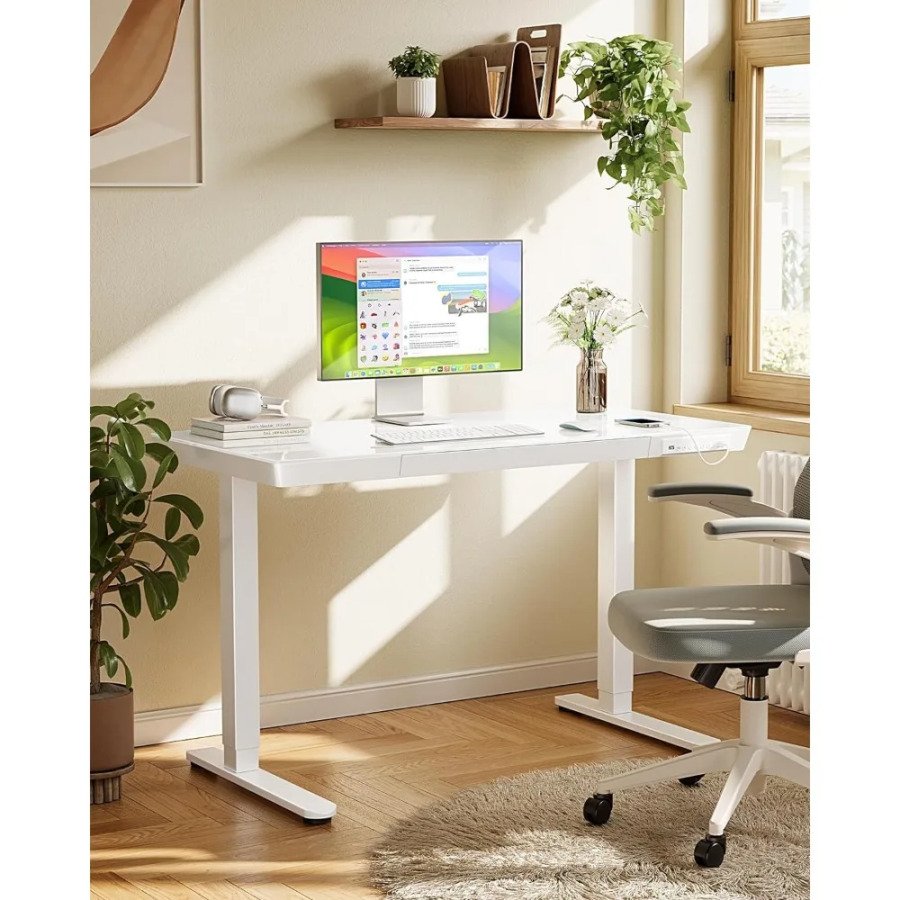 Glass Standing Desk with Drawer, 48 x 24 inch Electric Standing Desk, Height Adjustable Desk with One-Piece Tabletop