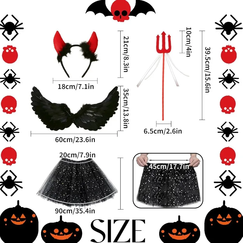 Ali di angeli neri, costumi di Halloween, angeli neri, accessori di abbigliamento da angelo, corno da diavolo, tridente da diavolo