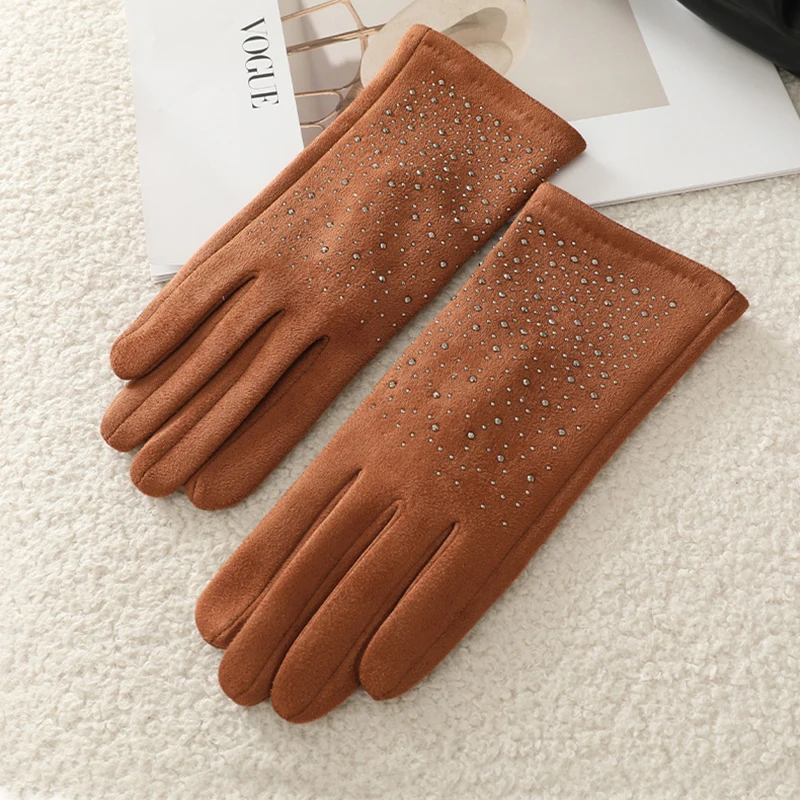 

Осенне-зимние замшевые перчатки с бриллиантами, женские сохраняющие тепло, тонкие, не цветущие, эластичные, ветрозащитные, модные, элегантные