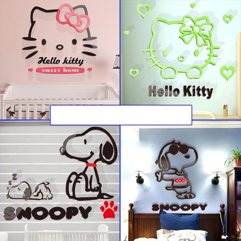 Hello Kitty 3D 3-Dimensional Acrylic Wall Sticker Snoopy Children Room Bedroom Bedside Cartoon Self-Adhesive Painting Sticker