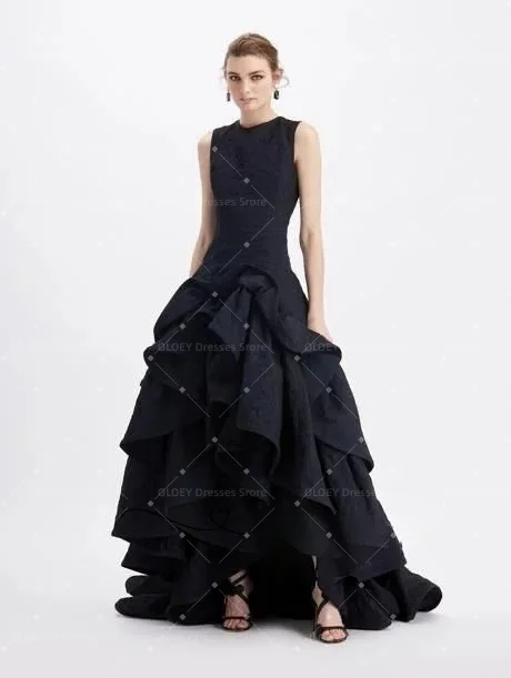 OLOEY Black Embossed Fabric Sleeveless Evening Dress Tiered Irregular Prom Women Customized Party فساتين سهرة