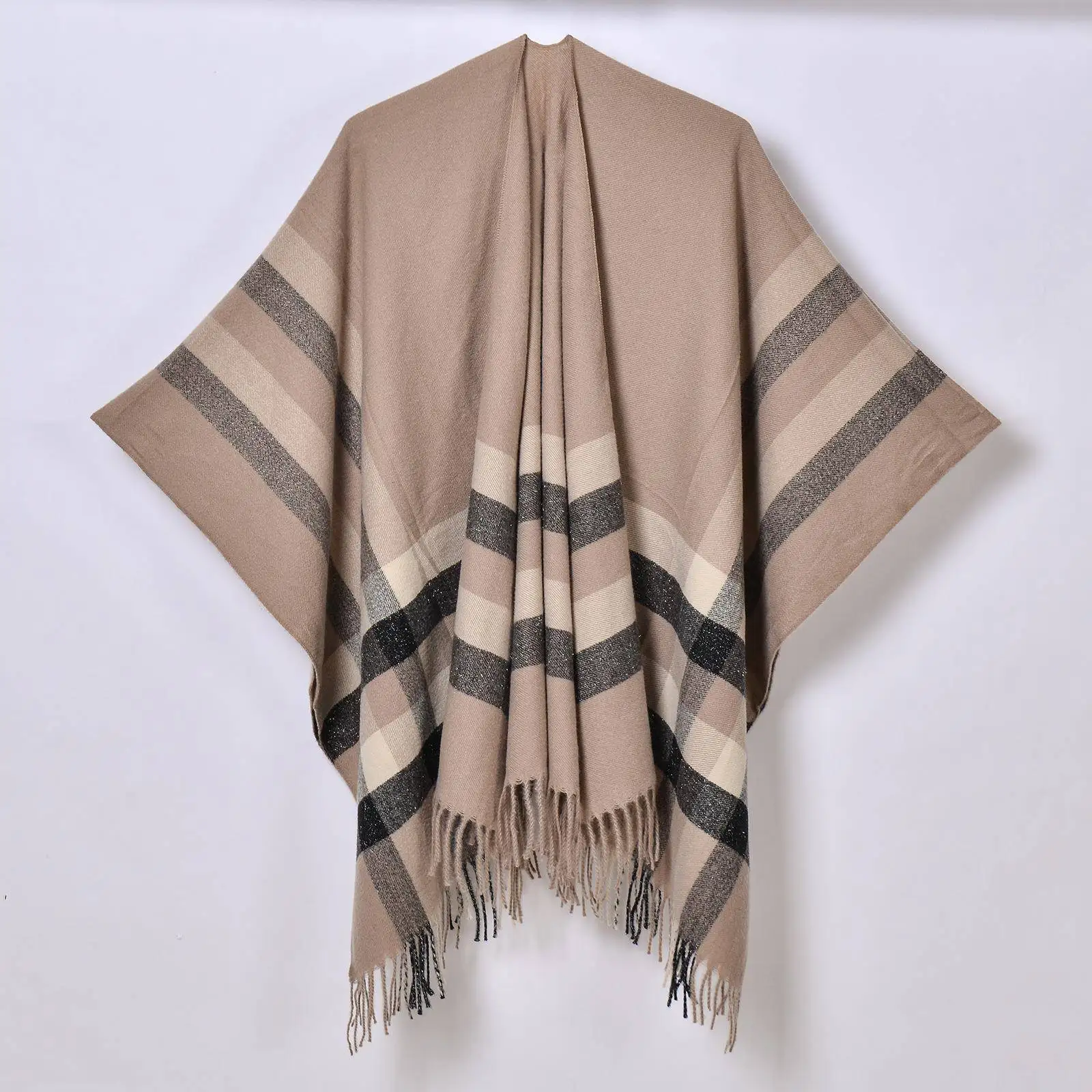 

Silver Thread Plaid Shawl Office Coat Office Blanket Simple Versatile Open Split Cardigan Cowl Neck Wrap Warm Striped Scarf