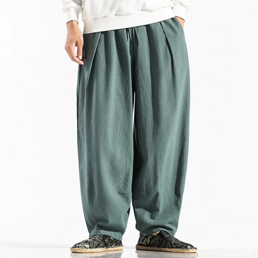 Men Harem Pants Solid Color Drawstring Men Mid Rise Pockets Baggy Pants Drawstring Pockets Loose Summer Trousers Men Pants