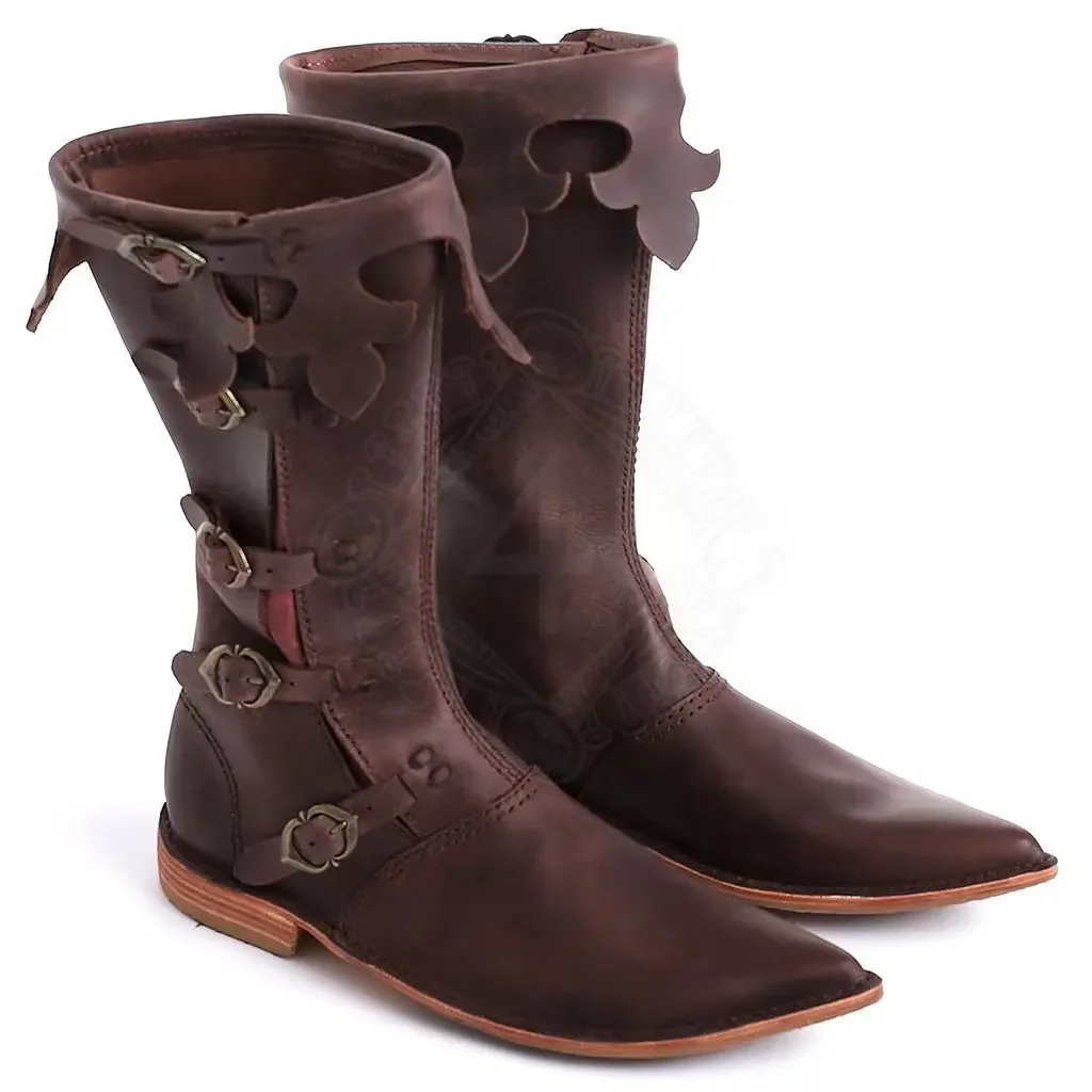 الرجال القرون الوسطى عصر النهضة القراصنة الأحذية زي فايكنغ القوطية الأحذية الجلدية عالية أنبوب أشار تو أحذية لجميع القديسين تأثيري