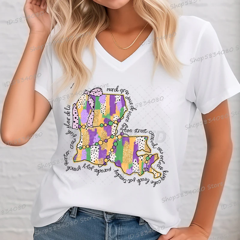 Louisiana Mardi Gras Funny T-shirt Women Vintage V Neck Tops Tee Mardi Gras Design Shirt Short Sleeve Carnival Streetwear Tshirt