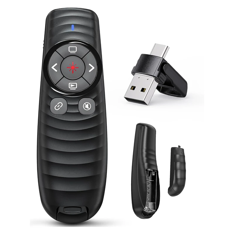 Presentation Clicker 2-In-1 USB/Type C Wireless Presenter Clicker  PPT Remote Red Laser Pointer Black For PC/Laptop, Office