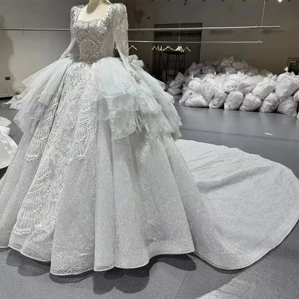 Vestido De Noiva Sereia maniche lunghe colletto quadrato perline abito da ballo di cristallo abito da sposa con buco della serratura sul retro