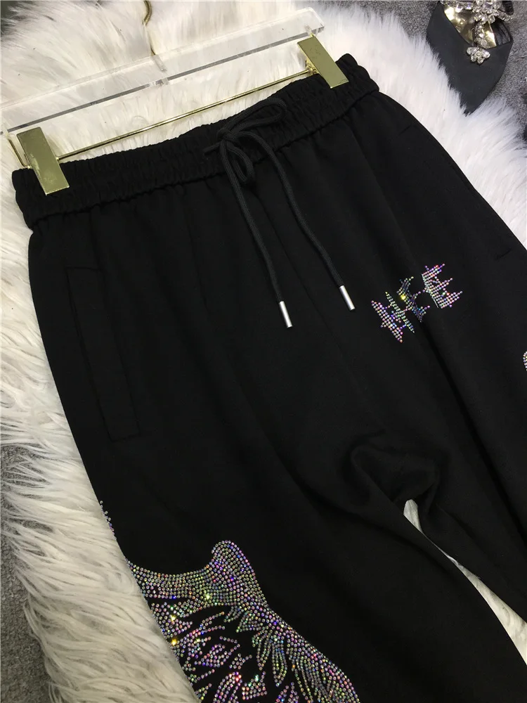 High Quality Shiny Wings Sweatpants Men/woman Casual Sports Pants Streetwear Elastic Waist Diamonds Straight Trousers Handsome